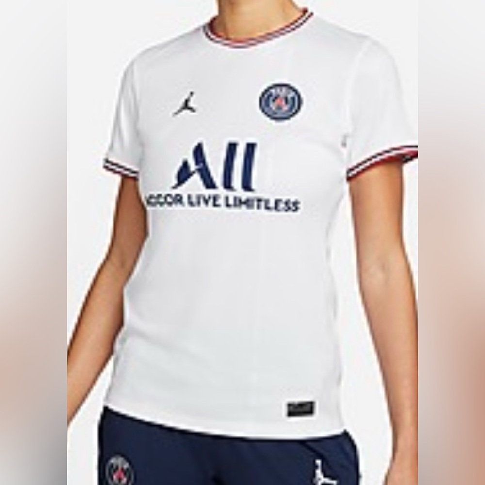 Woman’s Jordan PSG White Soccer Jersey with Red and Blue Accents